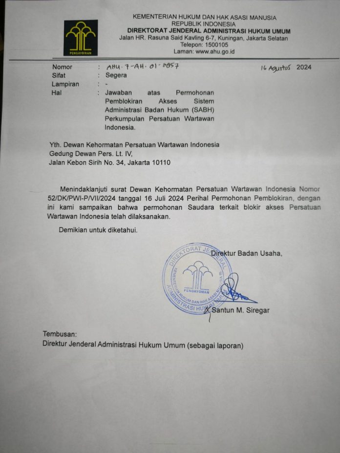 **Surat AHU PWI Diblokir, Hendry Ch. Bangun Tidak Punya Legal Standing